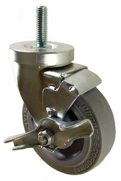4" x 1-1/4" Thermoplastic Rubber (TPR) Wheel Swivel Brake Caster w/ 1/2" x 1-1/2" Long Threaded Stem - 320 lbs Capacity
