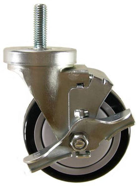 4" x 1-1/4" Polyurethane Wheel Swivel Caster with 1/2" Threaded Stem & Brake - 350 Lbs Capacity