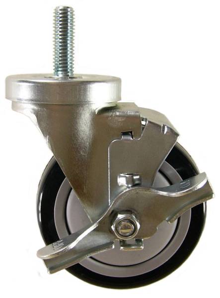 4" x 1-1/4" Polyurethane Wheel Swivel Caster with 1/2" Threaded Stem & Brake - 350 Lbs Capacity