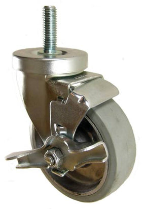 4" x 1-1/4" Rubber on Aluminum Wheel Swivel Caster with 1/2" Threaded Stem & Brake - 300 Lbs Capacity