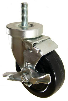 4" x 1-1/4" Soft Rubber Wheel (ball bearings) Swivel Caster with 1/2" Threaded Stem & Brake - 350 Lbs Capacity