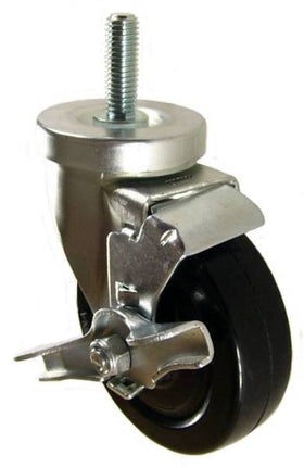 4" x 1-1/4" Hard Rubber Wheel Swivel Caster with 1/2" Threaded Stem & Brake  - 300 Lbs Capacity