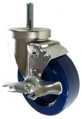 4" x 1-1/4" Solid Polyurethane Wheel Swivel Caster with 1/2" Threaded Stem & Brake - 350 Lbs Capacity