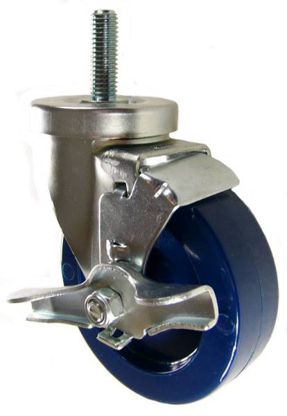 4" x 1-1/4" Solid Polyurethane Wheel Swivel Caster with 1/2" Threaded Stem & Brake - 350 Lbs Capacity