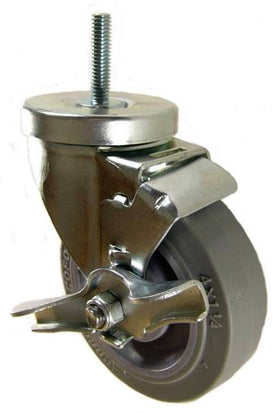 4" x 1-1/4" Thermoplastic Rubber (TPR) Wheel Swivel Caster with 3/8" Threaded Stem & Brake - 320 lbs Capacity