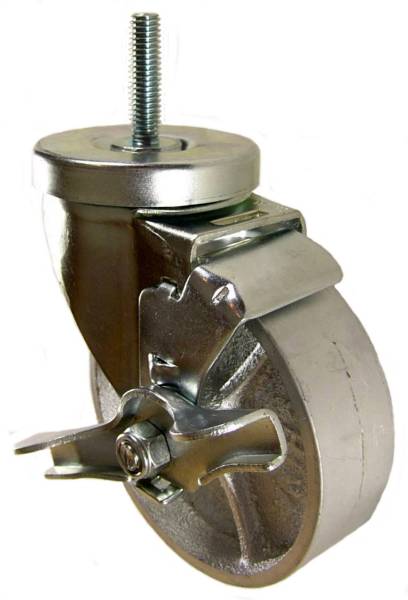 4" x 1-1/4" Semi-Steel Wheel Swivel Caster with 3/8" Threaded Stem & Brake  - 350 Lbs Capacity