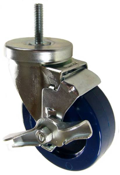 4" x 1-1/4" Solid Polyurethane Wheel Swivel Caster with 3/8" Threaded Stem & Brake - 350 Lbs Capacity