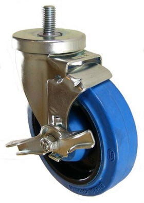 5" x 1-1/4" Elastic Rubber Wheel Swivel Brake Caster with 1/2"-10 X 1" Long Threaded Stem - 350 Lbs Capacity