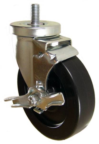 5" x 1-1/4" Heavy Duty Plastic Wheel Swivel Caster with 1/2" Threaded Stem & Brake - 350 Lbs Capacity