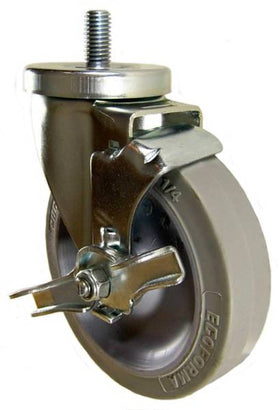 5" x 1-1/4" Thermoplastic Rubber Wheel (Ball Bearings) Swivel Brake Caster w/ 1/2" x 1" Long Threaded Stem - 350 Lbs Capacity