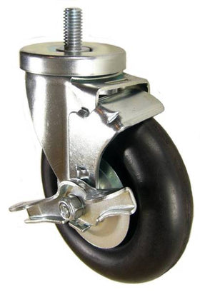 5" x 1-1/4" Neoprene Rubber Wheel Swivel Caster with 1/2" Threaded Stem & Brake - 350 Lbs Capacity