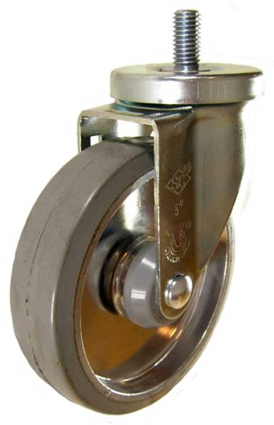 5" x 1-1/4" Rubber on Aluminum Wheel Swivel Caster with 1/2" Threaded Stem - 300 Lbs Capacity
