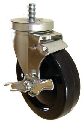 5" x 1-1/4" Hard Rubber Wheel Swivel Caster with 1/2" Threaded Stem & Brake - 350 Lbs Capacity