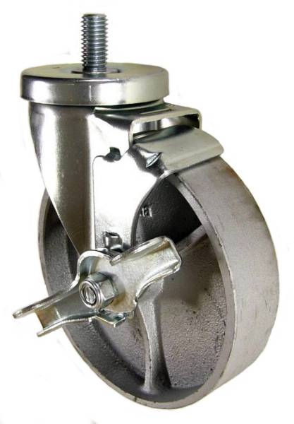 5" x 1-1/4" Semi-Steel Wheel Swivel Caster with 1/2" Threaded Stem & Brake - 350 Lbs Capacity