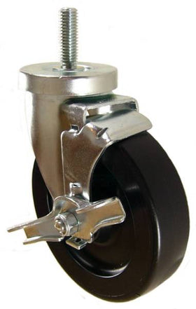 5" x 1-1/4" Heavy Duty Plastic Wheel Swivel Caster with 1/2" Threaded Stem & Brake - 350 Lbs Capacity