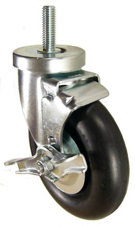 5" x 1-1/4" Neoprene Rubber Wheel Swivel Caster with 1/2" Threaded Stem & Brake - 350 Lbs Capacity