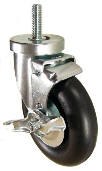 5" x 1-1/4" Neoprene Rubber Wheel Swivel Caster with 1/2" Threaded Stem & Brake - 350 Lbs Capacity
