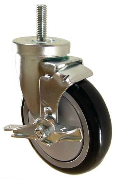 5" x 1-1/4" Polyurethane Wheel Swivel Caster with 1/2" Threaded Stem & Brake - 350 Lbs Capacity