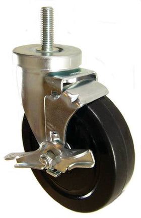 5" x 1-1/4" Hard Rubber Wheel (ball bearings) Swivel Caster with 1/2" Threaded Stem & Brake - 350 Lbs Capacity