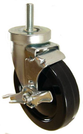 5" x 1-1/4" Soft Rubber Wheel Caster with 1/2" x 1-1/2" Long Threaded Stem & Brake - 350 Lbs Capacity