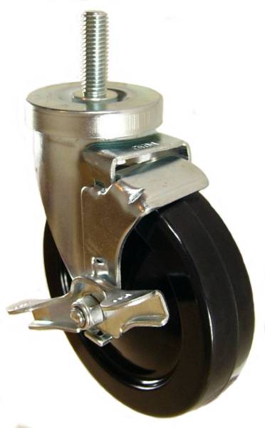 5" x 1-1/4" Soft Rubber Wheel Caster with 1/2" x 1-1/2" Long Threaded Stem & Brake - 350 Lbs Capacity