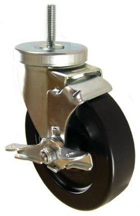 5" x 1-1/4" Heavy Duty Plastic Wheel Swivel Caster with 3/8" Threaded Stem & Brake - 350 Lbs Capacity