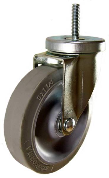 5" x 1-1/4" Thermoplastic Rubber Wheel (ball bearings) Swivel Caster w/ 3/8" x 1-1/2" long Threaded Stem - 350 Lbs Capacity
