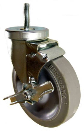 5" x 1-1/4" Thermoplastic Rubber Wheel (ball bearings) Swivel Brake Caster w/ 3/8" x 1-1/2" long Threaded Stem - 350 Lbs Capacity
