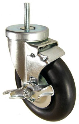 5" x 1-1/4" Neoprene Rubber Wheel Swivel Caster with 3/8" Threaded Stem & Brake - 350 Lbs Capacity
