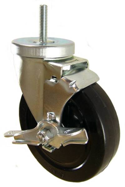 5" x 1-1/4" Hard Rubber Wheel (ball bearings) Swivel Caster with 3/8" Threaded Stem & Brake - 350 Lbs Capacity