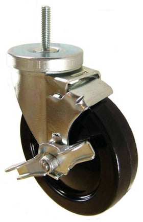 5" x 1-1/4" Hard Rubber Wheel Swivel Caster with 3/8" Threaded Stem & Brake - 350 Lbs Capacity