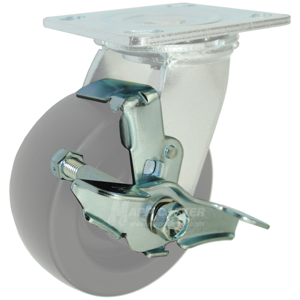 Assembled view of a stainless steel top lock brake kit for 5" x 2" casters