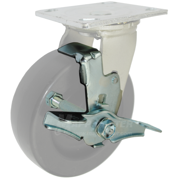 Assembled view of a stainless steel top lock brake kit for 6" x 2" casters