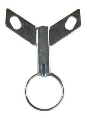 A metal caster swivel lock with a Y-shaped top plate and a central ring.